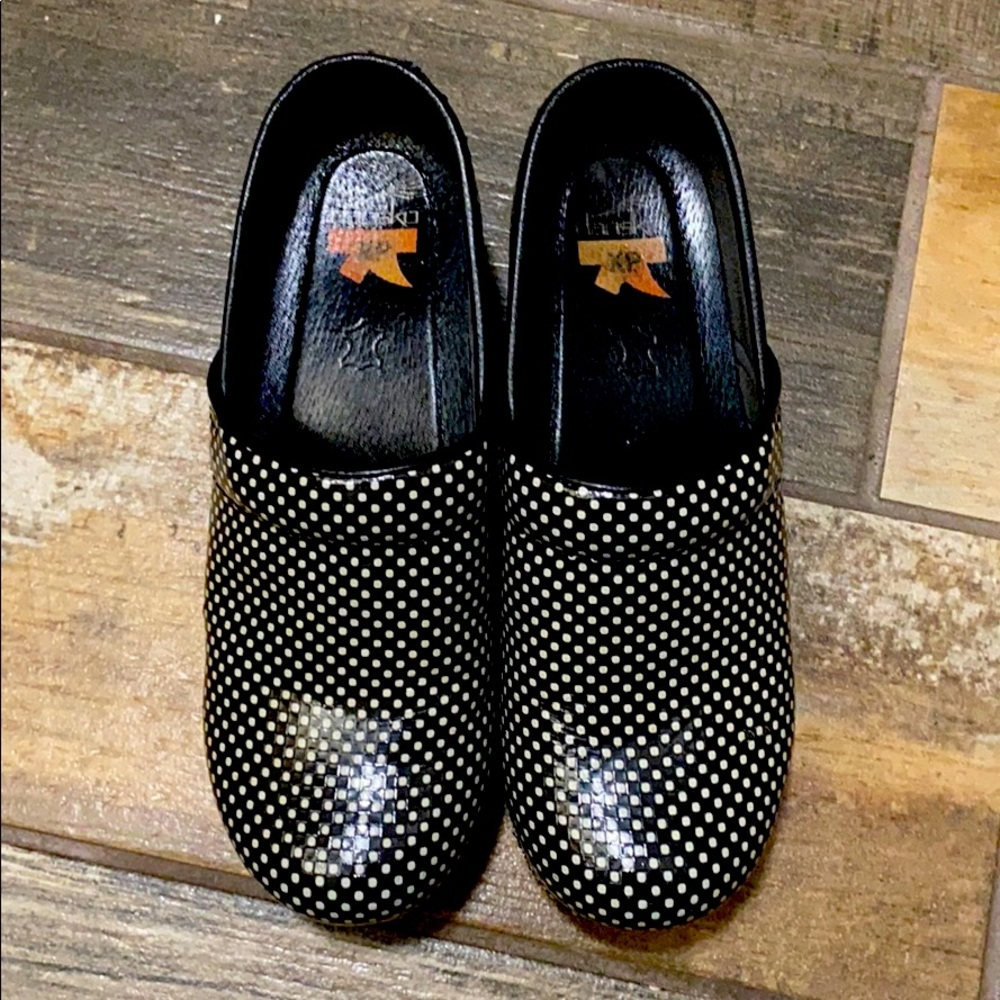 Dansko Pro XP black & white polka dot patent clogs